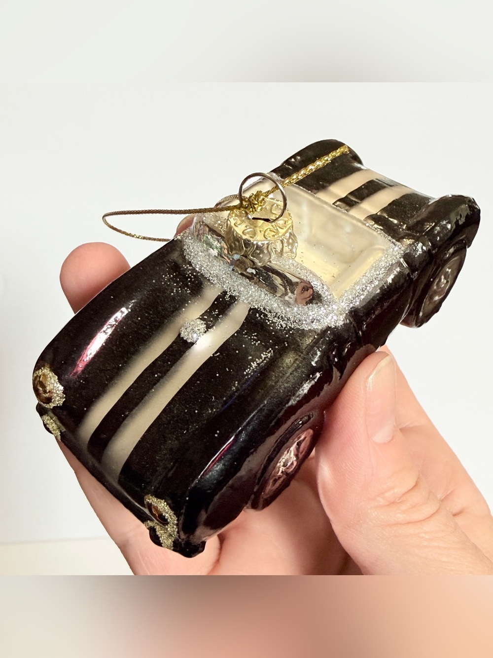 Vintage Mouth-Blown Glass Convertible Car Ornament — Black & White Glitter